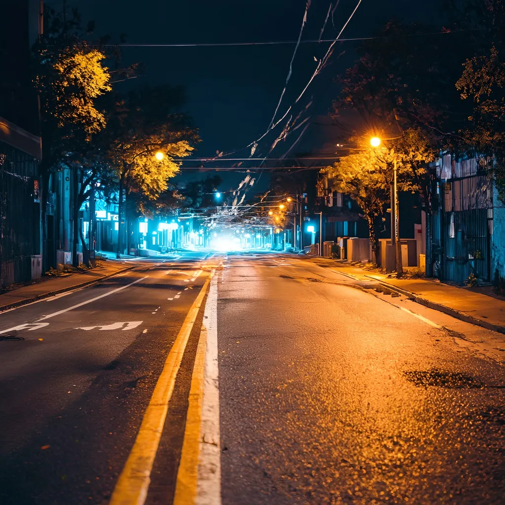 Prompt: Night time Road on a street with neon lights