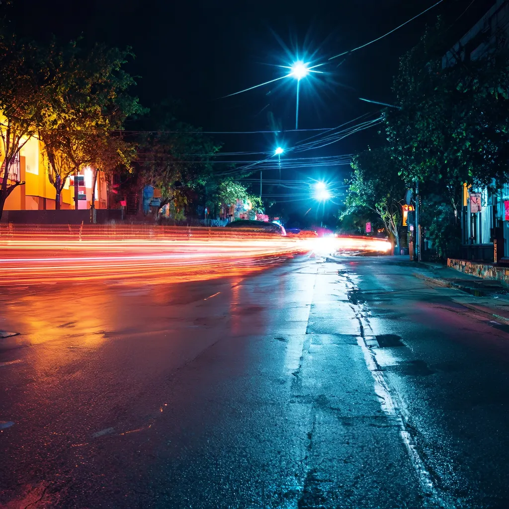 Prompt: Night time Road on a street with neon lights