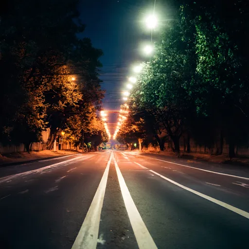 Prompt: Night time Road on a street with neon lights