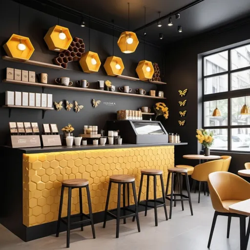 Prompt: "Design a modern and stylish café interior with a honeybee theme. Include decor that incorporates bees, such as honeycomb patterns on the walls and bee motifs on decorations. The café should have a sleek, contemporary look with wooden and metallic finishes. There should be an area dedicated to selling bouquets of flowers, similar to the one in the provided image, displayed next to a modern coffee counter. Include packaging designs for flower boxes and coffee cups with the bee theme, using clean lines and minimalist branding. The café should feel fresh and trendy, with cozy seating areas and plenty of natural light."
