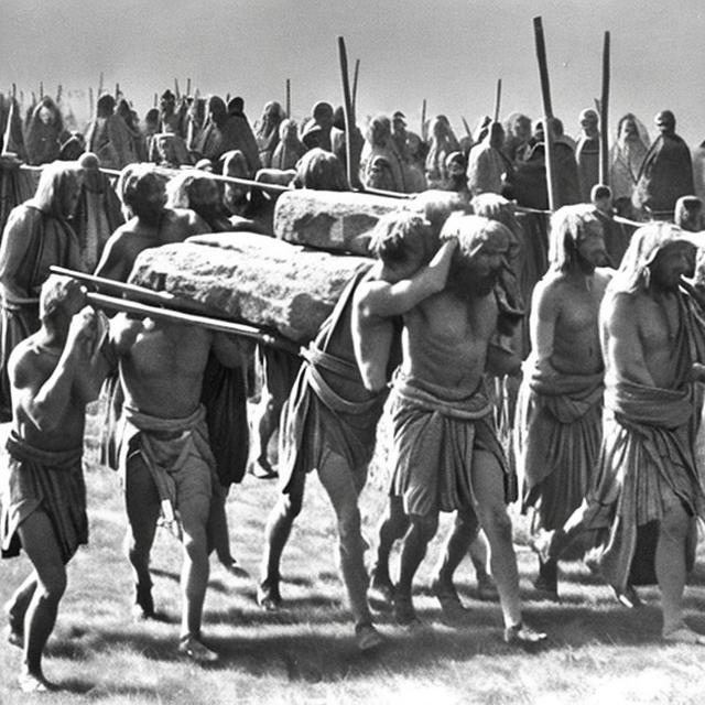 Prompt: eight stone age men carrying a sarsen stone to stonehenge on a stretcher made of poles