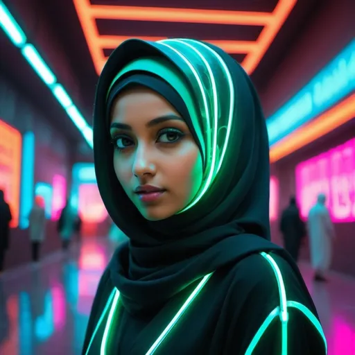 Prompt: futuristic hijab girl in neon world
