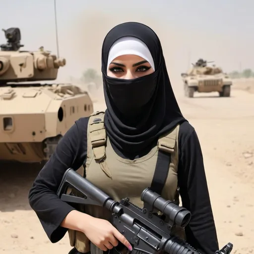 Prompt: heavy metal hijab girl in battlefield