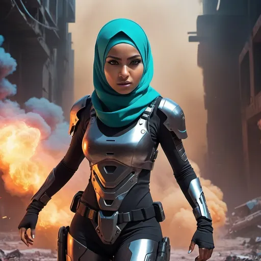 Prompt: futiristic hijab girl in battlefield