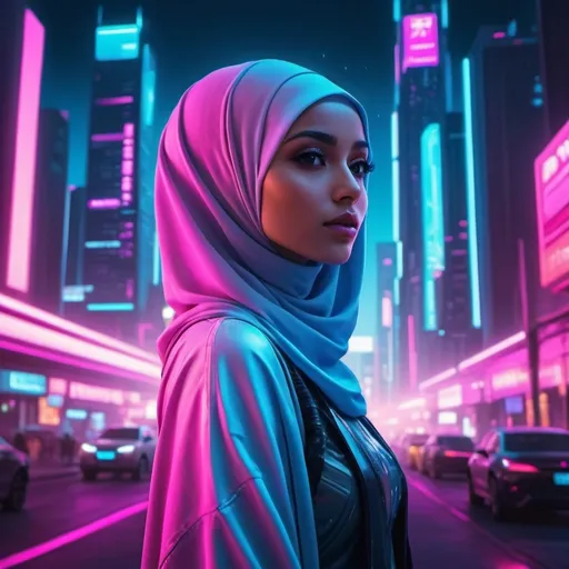 Prompt: futuristic hijab girl in neon world
