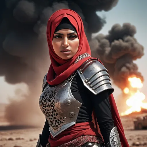 Prompt: heavy metal hijab girl in battlefield