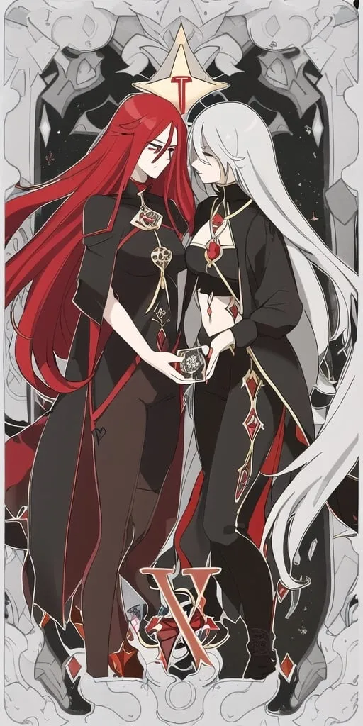 Prompt: Two lesbians with long hair Red and black