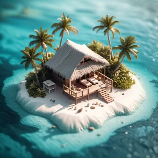 Prompt: miniature isometric world render, a hut surrounded by clear water, bahamas, on a table