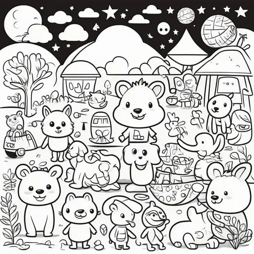 Prompt: black and white, playful illustrations, engaging characters, whimsical scenes, designed for children aged 3 to 5, educational elements, easy-to-color, vibrant and imaginative themes, joyful atmosphere, encourage creativity, include various fun animals and objects, suitable for preschoolers, cartoonish style, large outlines for easy coloring.