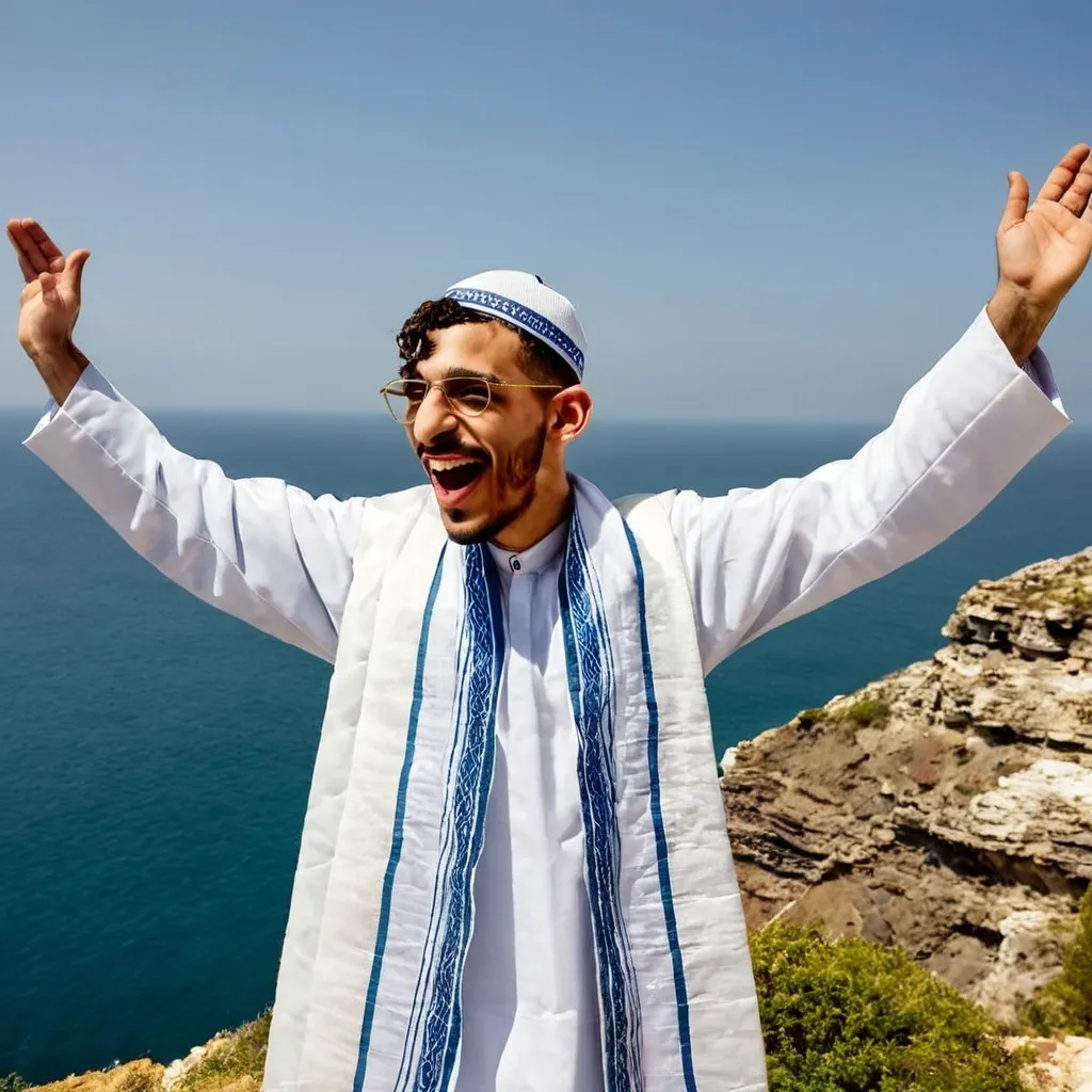 Prompt: A Jewish man in a white tallit with a white cap stands on a cliff in front of the sea praying with his hands up