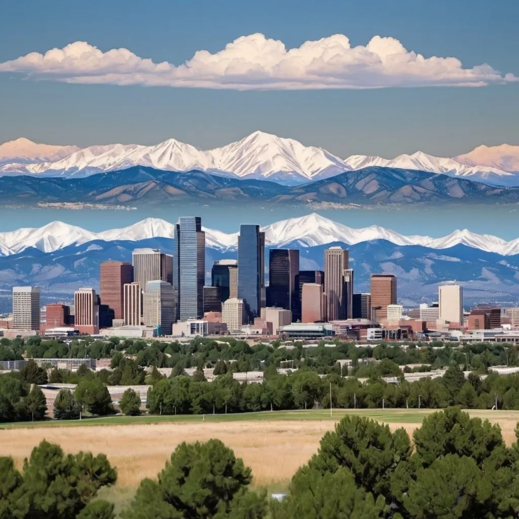 Prompt: photo realistic image of denver skyline with mountains in the back