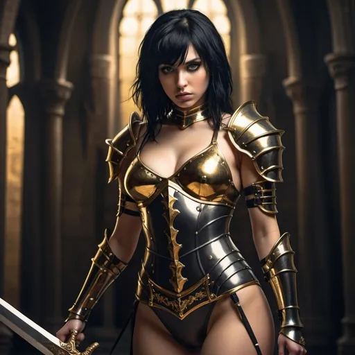 Prompt: Black-haired emo woman, revealing knight swimsuit armor, golden sword, curvy body, athletic build, hi-res, detailed, digital art, Gothic style, dramatic lighting, golden tones, intense gaze, fantasy theme