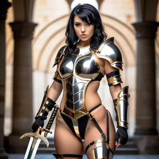 Prompt: Gorgeous Black haired emo woman, wearing slutty and revealing knight swimsuit armor, with a golden sword, curvy body, athletic build 
