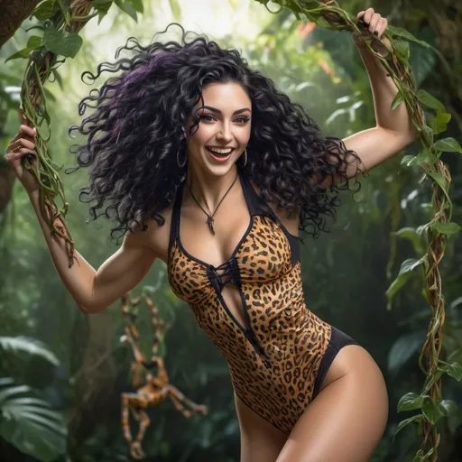 Prompt: Absolutely gorgeous Black haired goth Woman with flowing, curly, shimmering hair, athletic build, abs, swinging on a vine, wearing a cheetah patterned swimsuit, absolute joy on her face, jungle setting, little bugs, high quality, detailed, vibrant colors, realistic, playful, joyful expression, athletic physique, flowing hair, jungle environment, detailed bugs, professional lighting