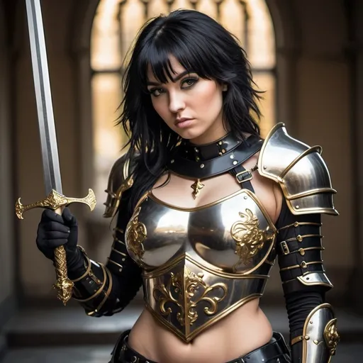 Prompt: Black haired emo woman, wearing slutty and revealing knight armor, with a golden sword, curvy body, athletic build 