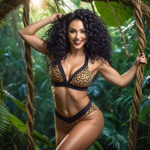 Prompt: Absolutely gorgeous Black haired goth Woman with flowing, curly, shimmering hair, athletic build, abs, swinging on a vine, wearing a cheetah patterned swimsuit, absolute joy on her face, jungle setting, little bugs, high quality, detailed, vibrant colors, realistic, playful, joyful expression, athletic physique, flowing hair, jungle environment, detailed bugs, professional lighting, gorilla holding her from behind in a full nelson hold