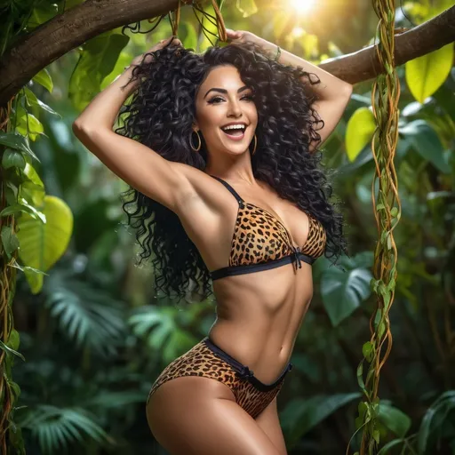 Prompt: Absolutely gorgeous Black haired goth Woman with flowing, curly, shimmering hair, athletic build, abs, swinging on a vine, wearing a cheetah patterned swimsuit, absolute joy on her face, jungle setting, little bugs, high quality, detailed, vibrant colors, realistic, playful, joyful expression, athletic physique, flowing hair, jungle environment, detailed bugs, professional lighting, gorilla holding her from behind in a full nelson hold