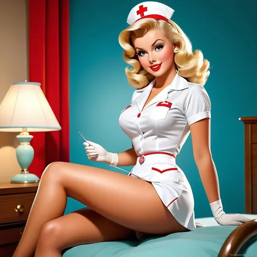 Prompt: Strikingly beautiful 1950's pin-up girl, blonde bombshell, hypnotic bimbo, buxom, 6' tall, nurse uniform, miniskirt, thong, flirtatious, happy, toned abs, athletic legs, garter belts, retro, pin-up, vibrant colors, detailed facial features, high quality, vintage, playful and alluring, exaggerated proportions, professional lighting