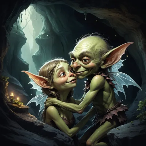 Prompt: Detailed illustration of a mischievous goblin passionately embracing a delicate fairy in a magical cave, with drool cascading down, high-resolution, fantasy, dark tones, intricate details, ethereal lighting, goblin, fairy, cave, magical, passionate embrace, drool, fantasy art, detailed textures, atmospheric lighting