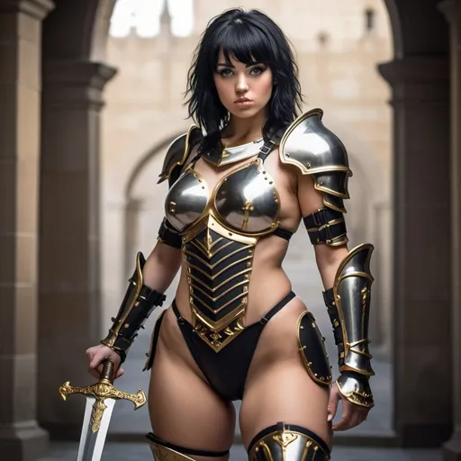 Prompt: Black haired emo woman, wearing slutty and revealing knight swimsuit armor, with a golden sword, curvy body, athletic build 