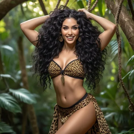 Prompt: Absolutely gorgeous Black haired goth Woman with flowing, curly, shimmering hair, athletic build, abs, swinging on a vine, wearing a cheetah patterned loincloth, absolute joy on her face, jungle setting, little bugs, high quality, detailed, vibrant colors, realistic, playful, joyful expression, athletic physique, flowing hair, jungle environment, detailed bugs, professional lighting, gorilla holding her from behind in a full nelson hold