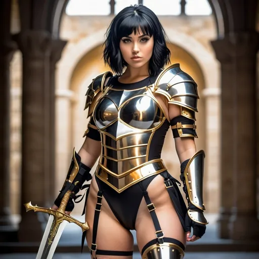 Prompt: Gorgeous Black haired emo woman, wearing slutty and revealing knight swimsuit armor, with a golden sword, curvy body, athletic build 