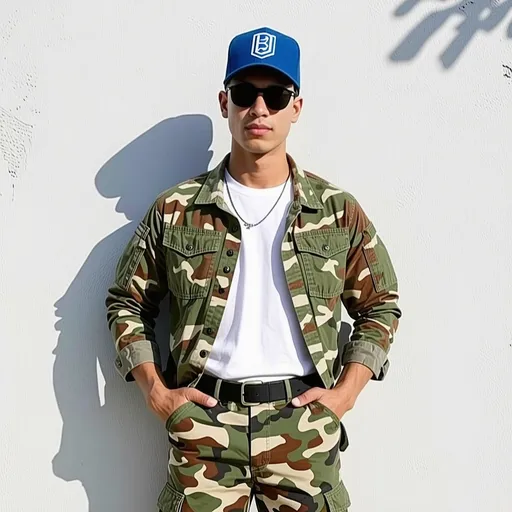 Prompt: Dressed in a camouflaged military uniform adorned with shades of green, brown, and beige, a young man strikes a confident pose against a pale wall, exuding a sense of pride and discipline. His hands rest casually in the pockets of his pants, while stylish sunglasses and a blue cap embroidered with a logo add to his modern military aesthetic. The sunlight casts a soft glow, illuminating both the textures of his uniform and the smooth concrete beneath, establishing a clean, focused backdrop. With a slight smirk on his lips, he embodies a blend of contemporary fashion and uniformity, capturing the essence of a young soldier ready to face the world.