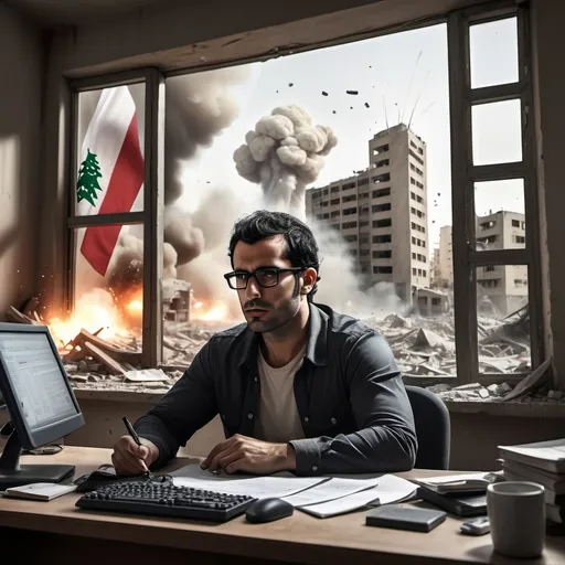 Prompt: (dramatic war scene) 36-year-old Lebanese man, (medium-length black hair), (eyeglasses), (round face), calmly sitting at desk, focused on work, subtle computer glowing, outside window, chaotic explosions and ruined buildings, (clearly visible Lebanese flag), (contrasting tranquility with turmoil), (dismal atmosphere), high detail, (vivid colors, deep shadows), ultra-realistic, cinematic lighting, emotionally gripping narrative.