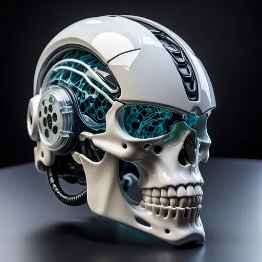 Prompt: A futuristic, sci-fi biomechanical helmet system designed for complete brain impact absorption and axonal protection. The helmet features advanced shock-absorbing viscoelastic polymer layers, a transparent gel-like cerebrospinal fluid simulation layer, and nanofiber protective networks to prevent shearing forces. The skull and jaw are reinforced with sleek, biocompatible titanium plates, seamlessly integrated into the natural bone structure. The design has visible active response actuators, mechanical dampers, and advanced biomechanical integration. Blood vessels and nerve pathways are preserved and visible under transparent sections, emphasizing advanced neuroprotective technology. The design is both futuristic and biomechanical, with organic curves, advanced materials, and a mix of natural skull anatomy and technological protection features.
