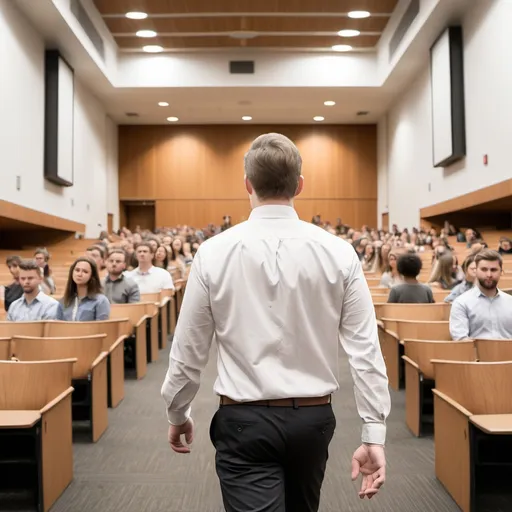 Prompt: white male seminar leader enters a lecture hall walking toward the front podium

