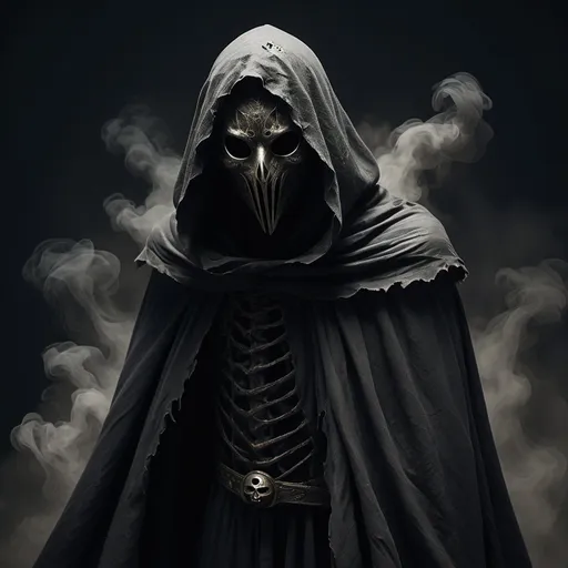 Prompt: The Crier is a shadowy figure, perpetually cloaked in darkness that seems to absorb light around him. His body is tall and gaunt, draped in a tattered cloak made of a material that resembles black smoke. His face is obscured by a featureless mask, but the mask has deep, hollow grooves where eyes should be, and a jagged slit for a mouth that emits an eerie, wailing sound. His fingers are elongated and bony, ending in sharp, claw-like tips that glint ominously in the dark.