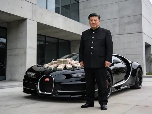 Prompt: Ultra-photorealistic luxury editorial image of a glossy black hypercar (Bugatti Chiron-like) parked in front of a modern concrete building. Bundles of cash placed on the hood. A fictional East Asian authoritarian leader in a buttoned black Mao-style jacket stands confidently in front of the car. Natural daylight, 85mm lens look, high detail, realistic textures, clean composition, no text