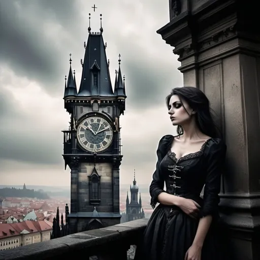 Prompt: puoi creare immagine donna a praga su torre orologio con atmosfera gotica