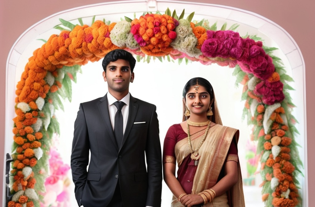 Prompt: a man and woman standing under a floral decorated archway with flowers on the ceiling and a man in a black suit and tie, Anthony Devas, samikshavad, jayison devadas, a picture