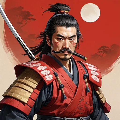 Prompt: samurai takeda mustache 28-year-old small-beard katana red-armor crescent-crest traditional feudal-japan legend-of-the-five-rings-rpg-art painting-style