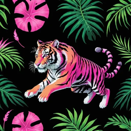 Prompt: Black background with pink and green tropical plants.  A tiger is jumping forward with it's claws extended.  The tiger has neon colored stripes.