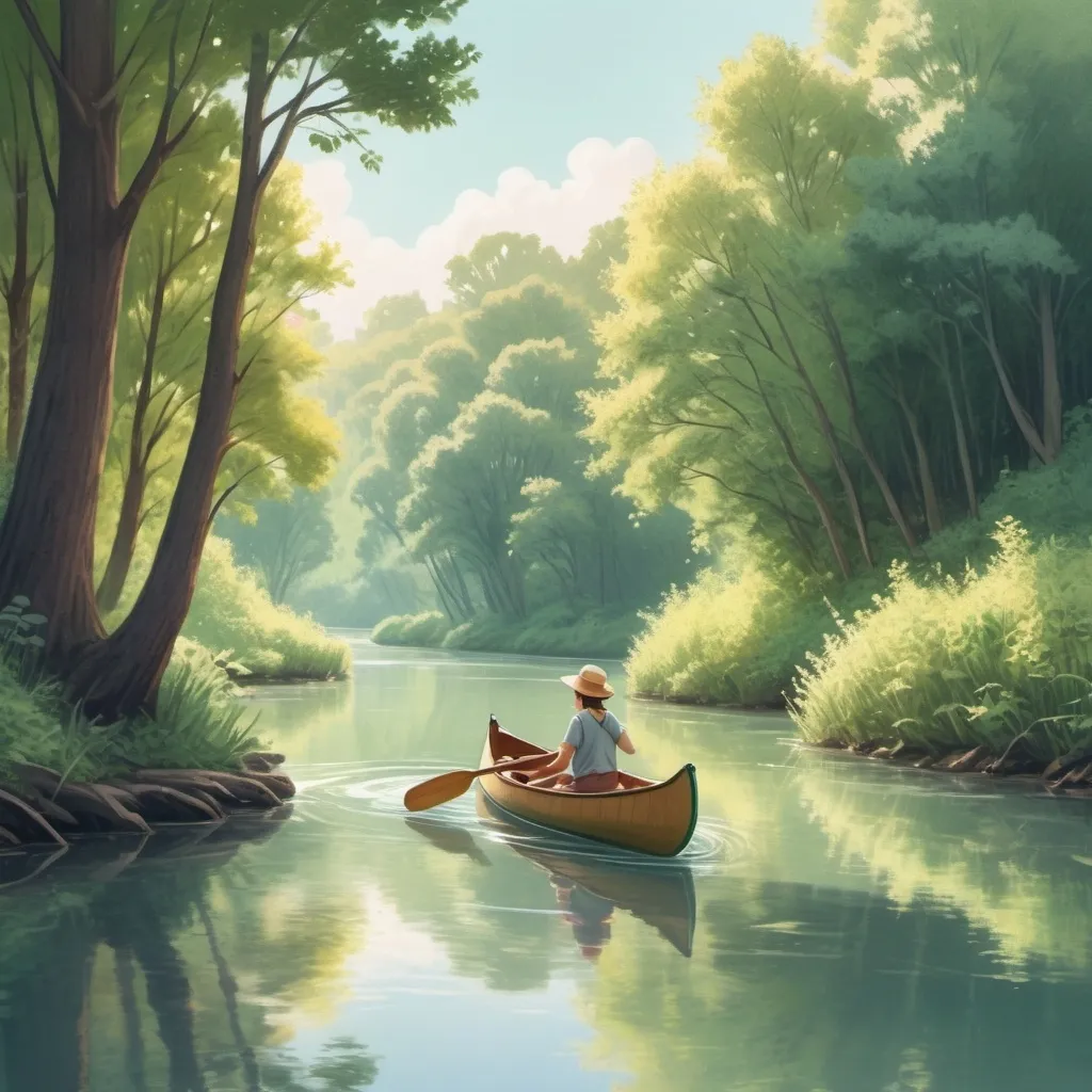 Prompt: Floating down a winding river in a canoe, sunny morning, lofi illustration