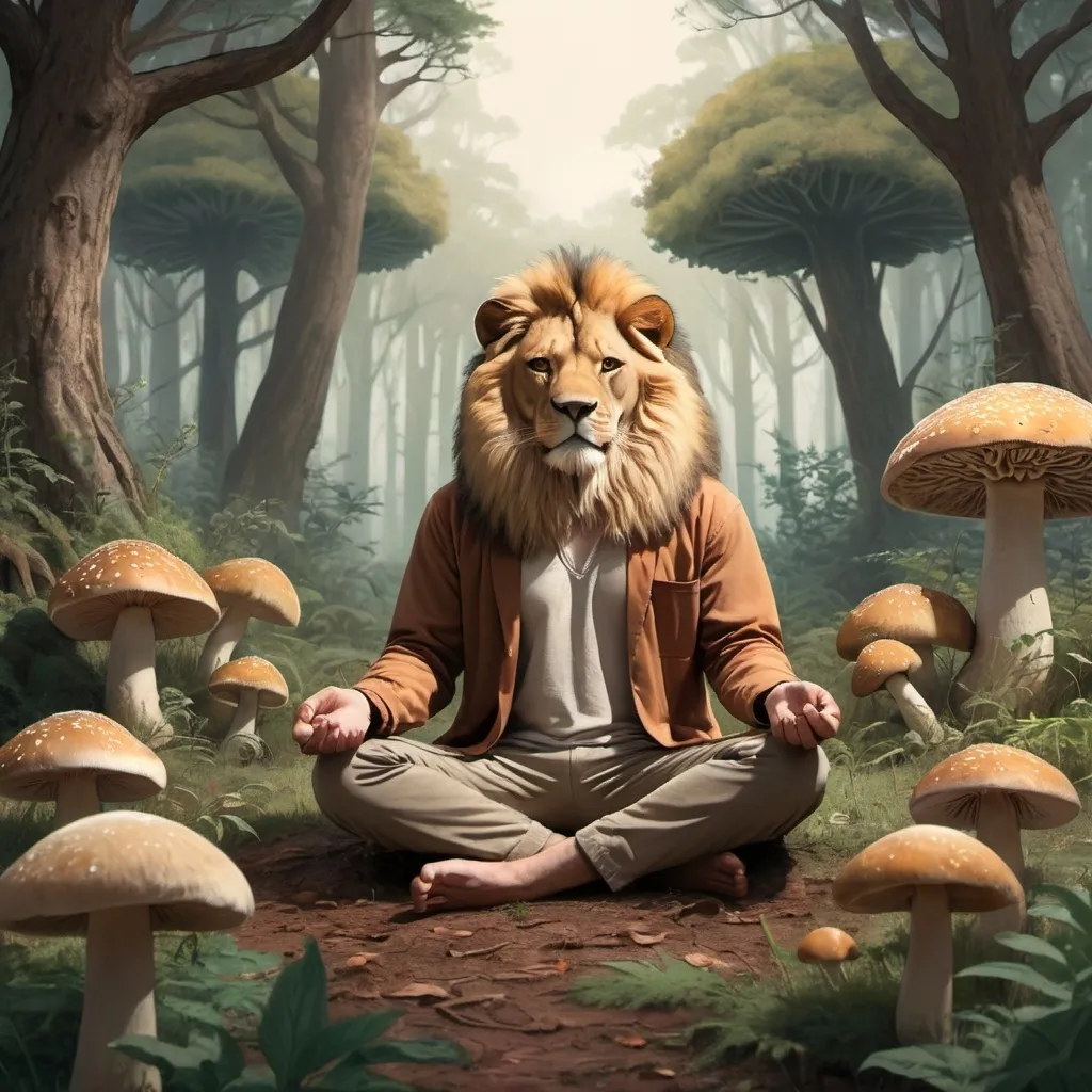 Prompt: A man with the head of a male lion meditating in a mushroom patch, lofi illustration
