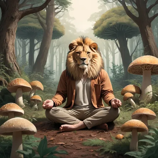 Prompt: A man with the head of a male lion meditating in a mushroom patch, lofi illustration
