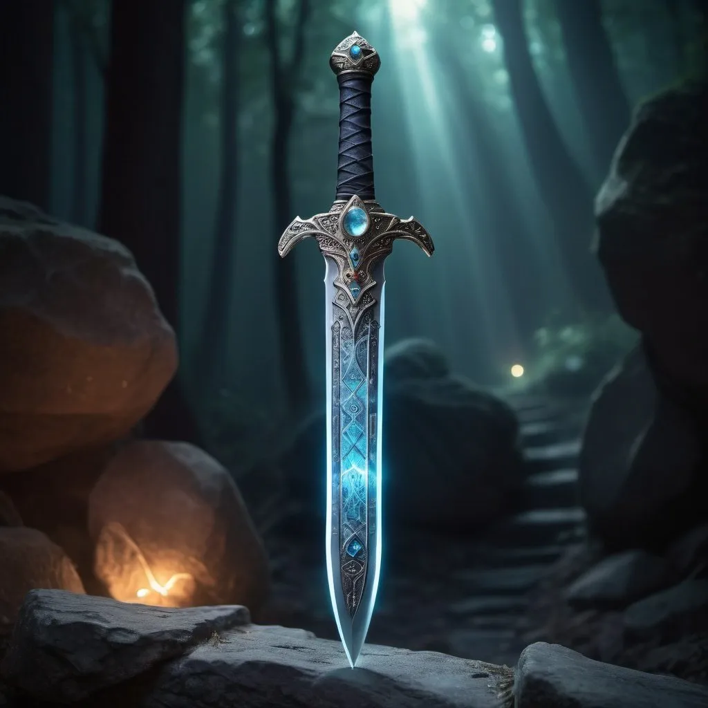 Prompt: Glowing enchanted sword, ethereal aura, ancient runes inscribed on the blade, hilt adorned with mystical gemstones, high quality, fantasy, magical, ethereal lighting, cool tones