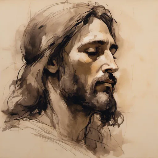 Prompt: <mymodel> a portrait of jesus in the 3/4 profile view looking in the distance and somewhat down with a shepherds traditional head dress.  Non-renaissance style jesus, more modern with a stronger face