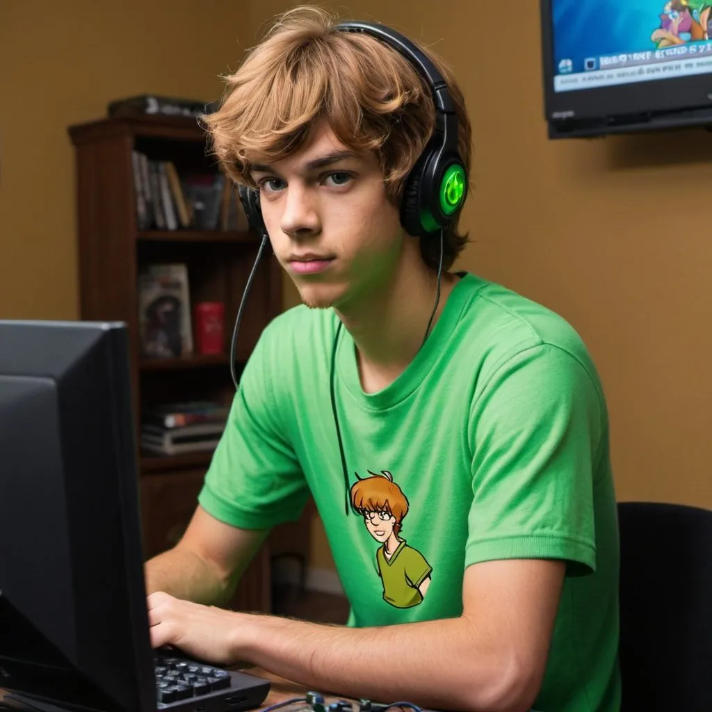 Prompt: A young man that looks like Shaggy from Scooby Doo sitting on his computer playing a video game.