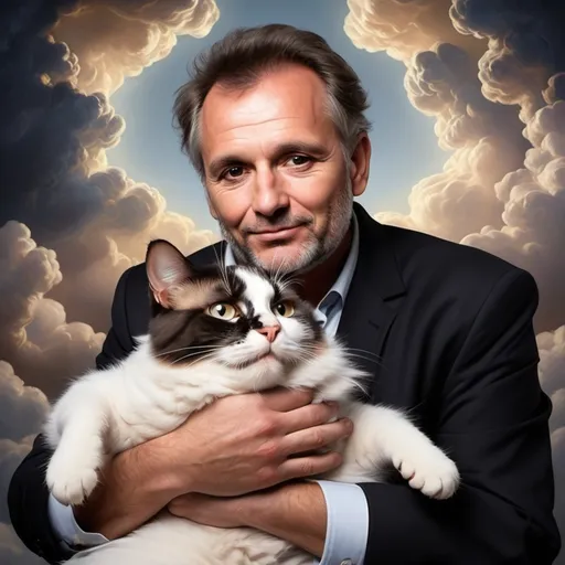 Prompt: Make a image of a man,after death,met his dead cat in heaven