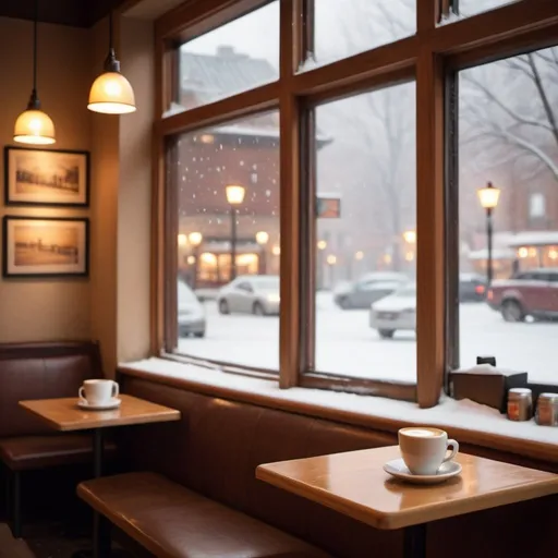 Prompt: Local coffee shop interior, steamy fresh coffee, snow falling outside large window, quiet passing cars, cozy ambiance, high quality, realistic, warm tones, soft lighting