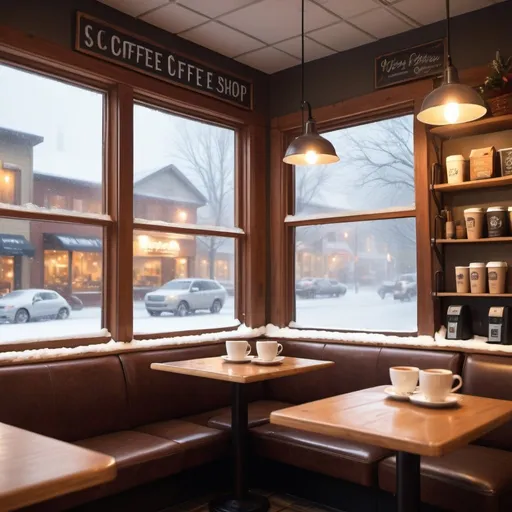 Prompt: Local coffee shop interior, steamy fresh coffee, snow falling outside large window, snow piled on tue side of the road quiet passing cars, cozy ambiance, high quality, realistic, warm tones, soft lighting, cozy home made vibe, early morning, 