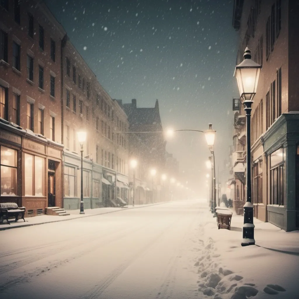 Nostalgic snowy city night, vintage film grain, soft...