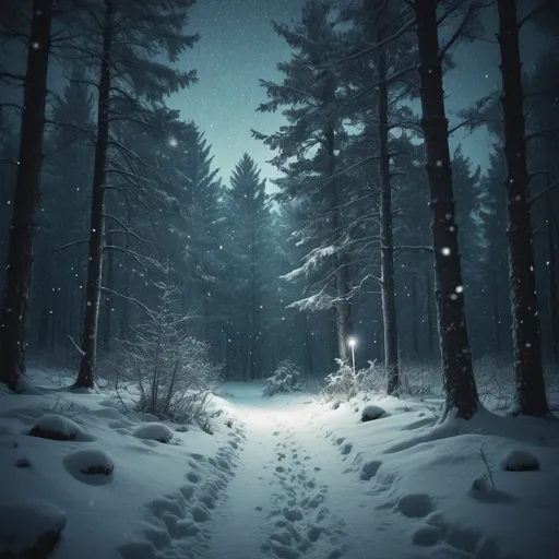 Prompt: Nostalgic snowy forest night, vintage film grain, peaceful snowfall, uneasy atmosphere, cool tones, high quality, nostalgic, snowy, forest  night, vintage, peaceful, uneasy, cool tones, detailed atmospheric lighting liminal