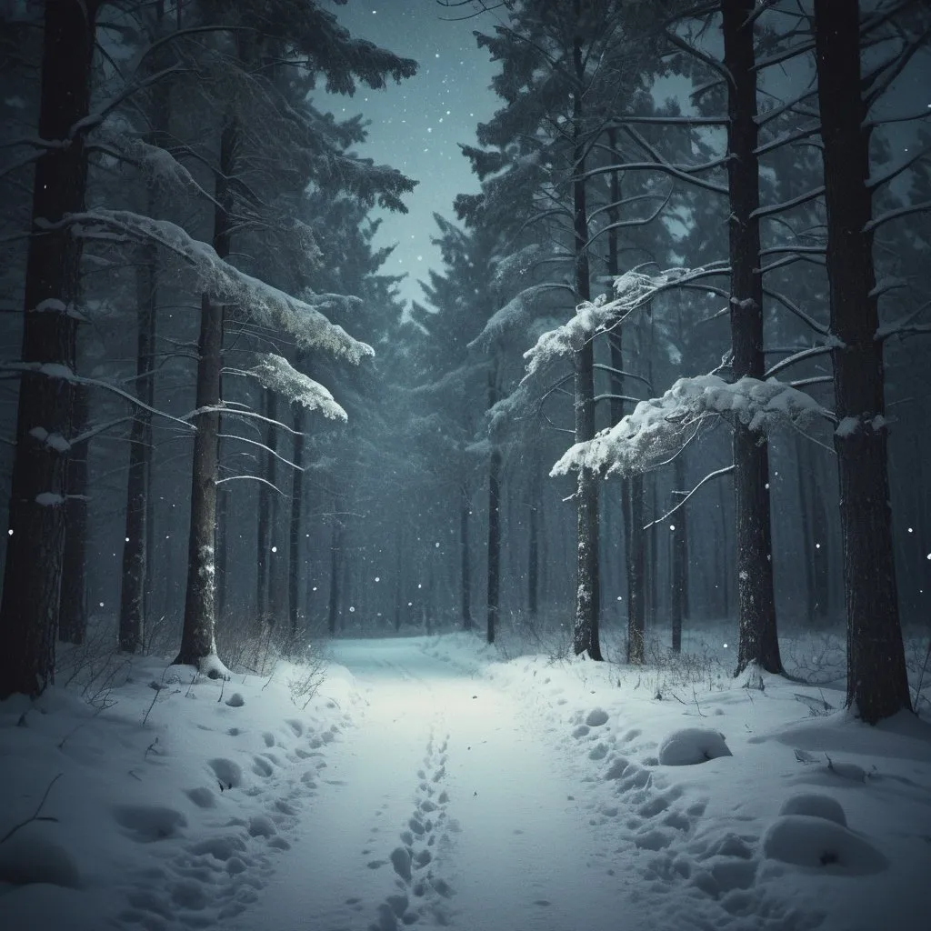 Prompt: Nostalgic snowy forest night, vintage film grain, peaceful snowfall, uneasy atmosphere, cool tones, high quality, nostalgic, snowy, forest  night, vintage, peaceful, uneasy, cool tones, detailed atmospheric lighting liminal