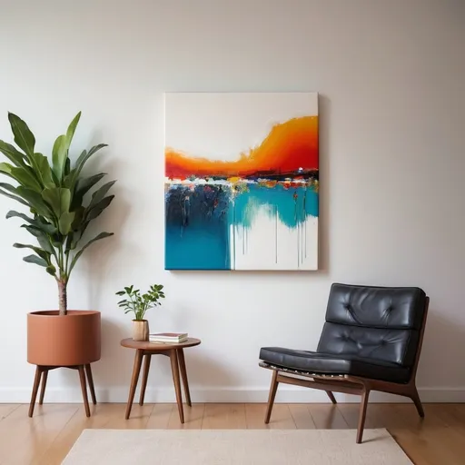 Prompt: a small abstract painting on white wall hanging far away more far on the side facing front less the 1/4 part of the image must be used by painting without any furniture and the painting must be on side or between on very top make it more tiny remove the chair