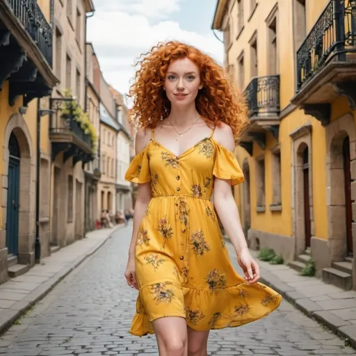 Prompt: A red-haired influencer with fair skin and curly hair, wearing a vibrant yellow summer dress and sandals, exploring the streets of a historic city, with old buildings in the background.